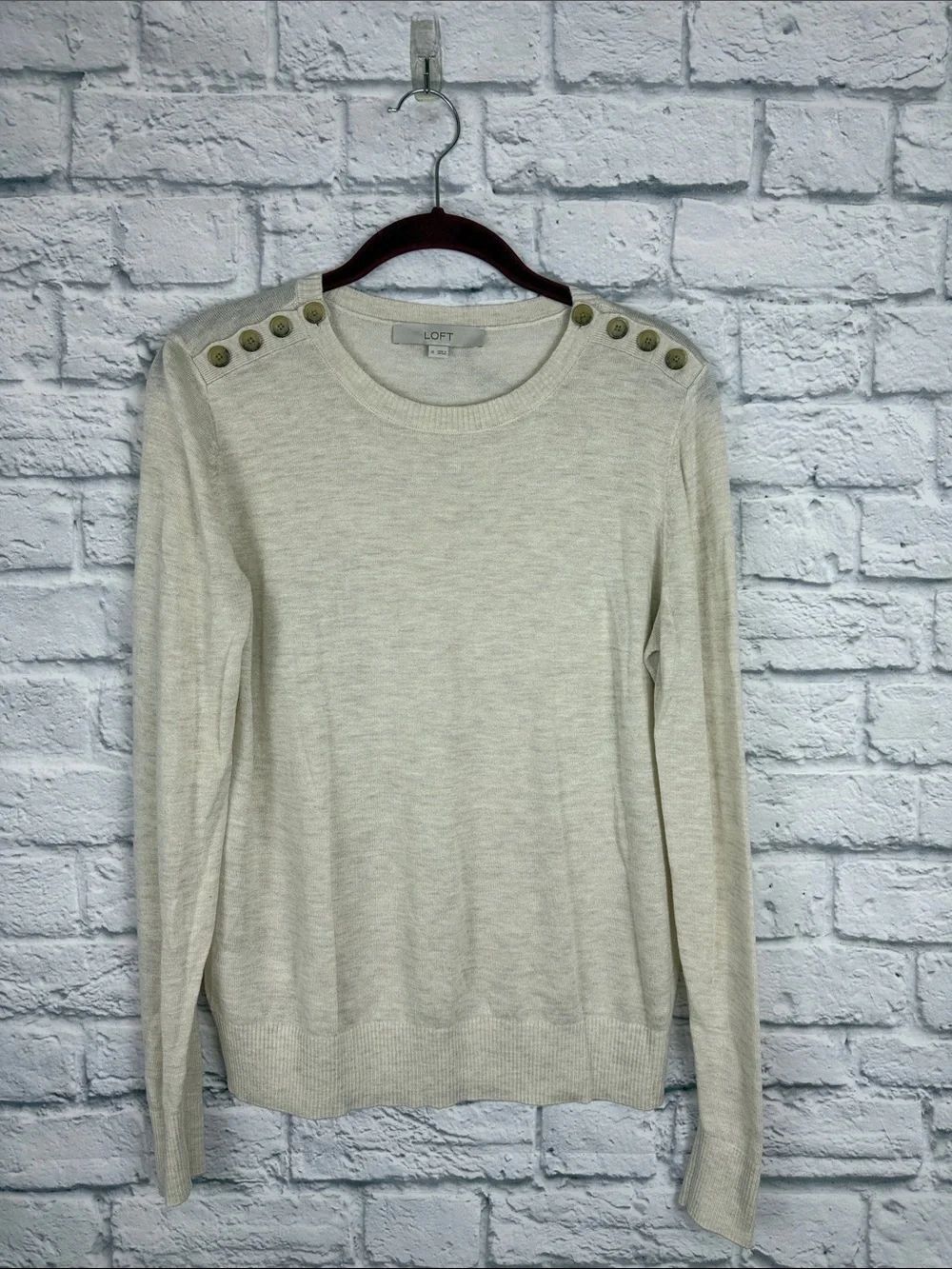 LOFT Cream Crewneck Sweater with Shoulder Buttons Size Medium